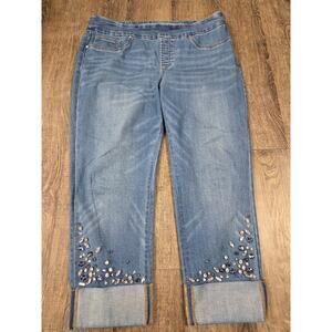 Chico's Pull on Jegging Elastic Waist Rhinestone Cuffed Denim Jeans Size 2P/12P